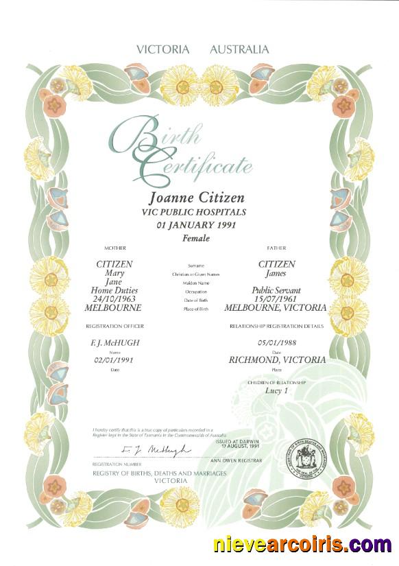 Australia Victoria state decorative (commemorative) birth certificate